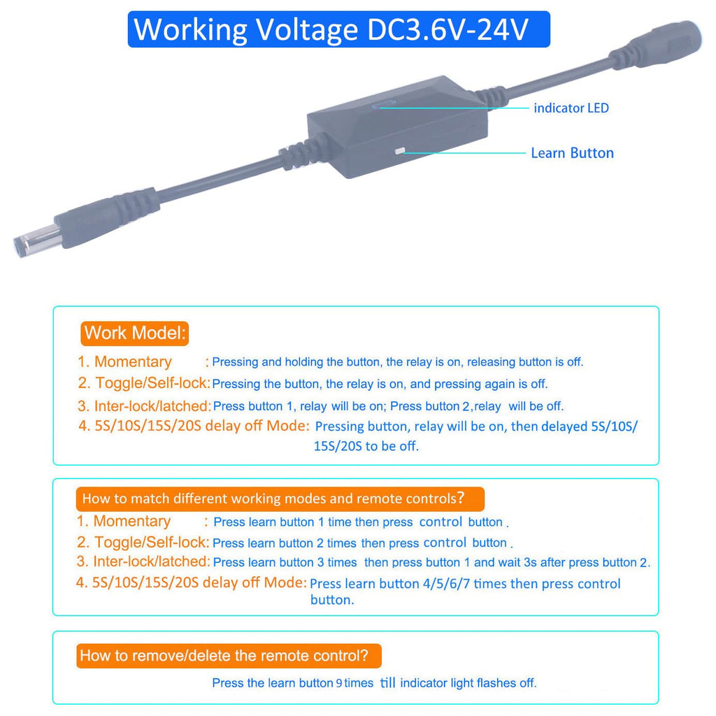 DC 3.6V-24V 5V Wireless Remote Control Switch 5.5mm x 2.5mm Plug Male Female 2 Transmitter 1 Receiver 12V Remote Switch for LED Light, Strip Fan Camera (DC 5.5*2.1mm 3.6V-24V/ 2* Controller)