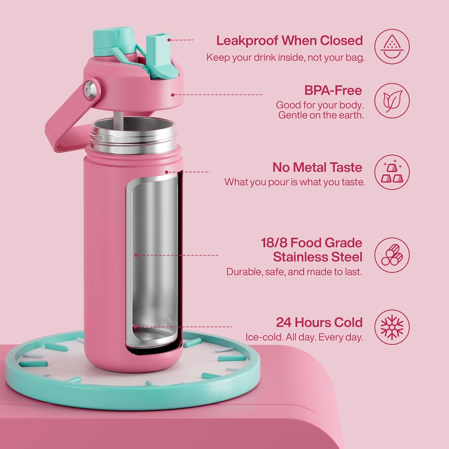 ENCOOL Insulated Water Bottle with Straw Stainless Steel Water Bottle, Leak-Proof, BPA-Free, Double Wall Vacuum Keeps Cold for 24 Hours for Sports, Travel, School (18 oz, Tulip)