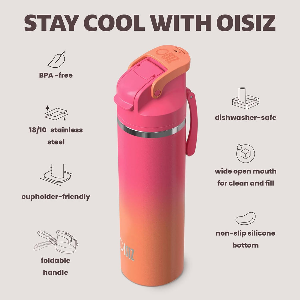 OISIZ Insulated Water Bottle 24 oz with 2 in 1 Spout and Straw Lid,One Click Safety Lock,100% Leakproof,Keep Cold 24H,Vacuum Stainless Steel Water Bottle for School,Travel and Sports,Dishwasher Safe