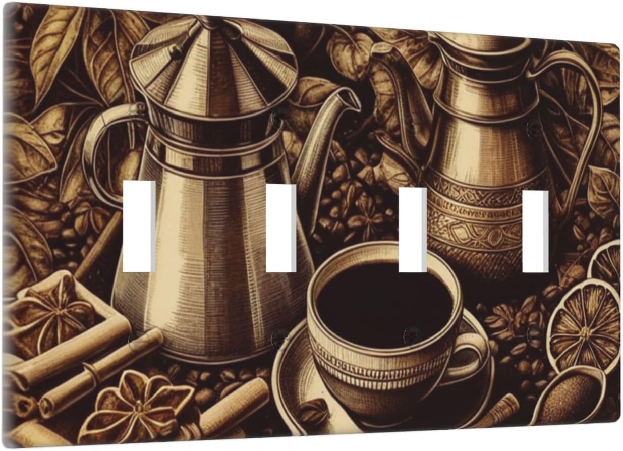Decorative Light Switch Cover Plate Vintage Coffee Beans Leaf Cup 4 Gang Wall Plate Oversized Quad Toggle Switch Cover Plate Jumbo Faceplate for Kitchen Home Decor