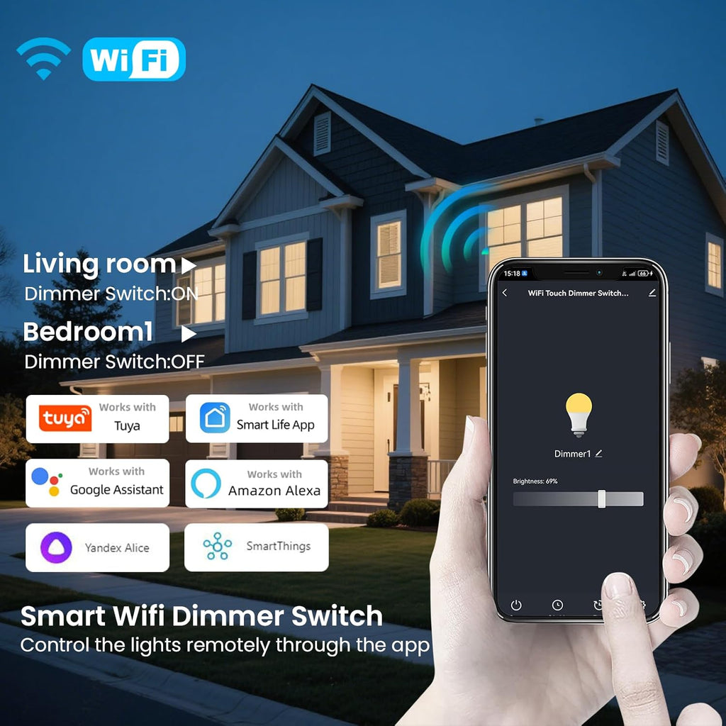 Smart Dimmer Switch Neutral Wire Required, 2.4GHz WiFi Dimmer Light Switch with Remote Voice Control, Tempered Glass Panel, Compatible with Alexa and Google Home, White WiFi Dimmer