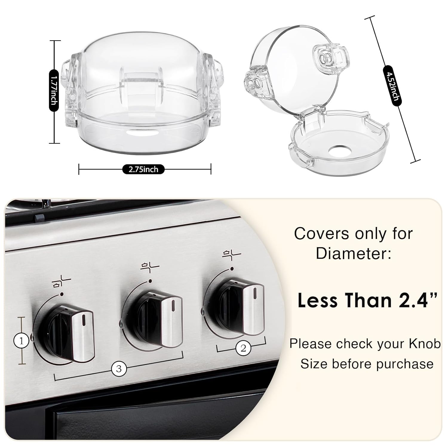 Stove Knob Safety Covers, for Knob Diameter Less Than 2.4", Dual Grip Safety Shield, Unlock with Adult Hand, Press Gas Stove Knob Locks, Oven Lock Knob Covers for Child Safety, Clear, Pack of 5