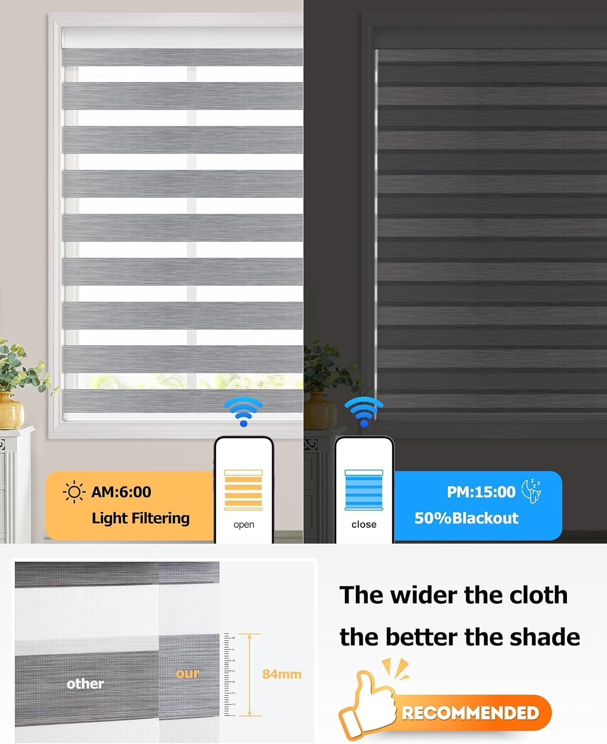 LazBlinds Motorized Zebra Roller Shades, Rechargeable Smart Blinds with Remote Control, Custom Size Light Filtering Dual Layer Roller Sheer Shades, Grey Linen