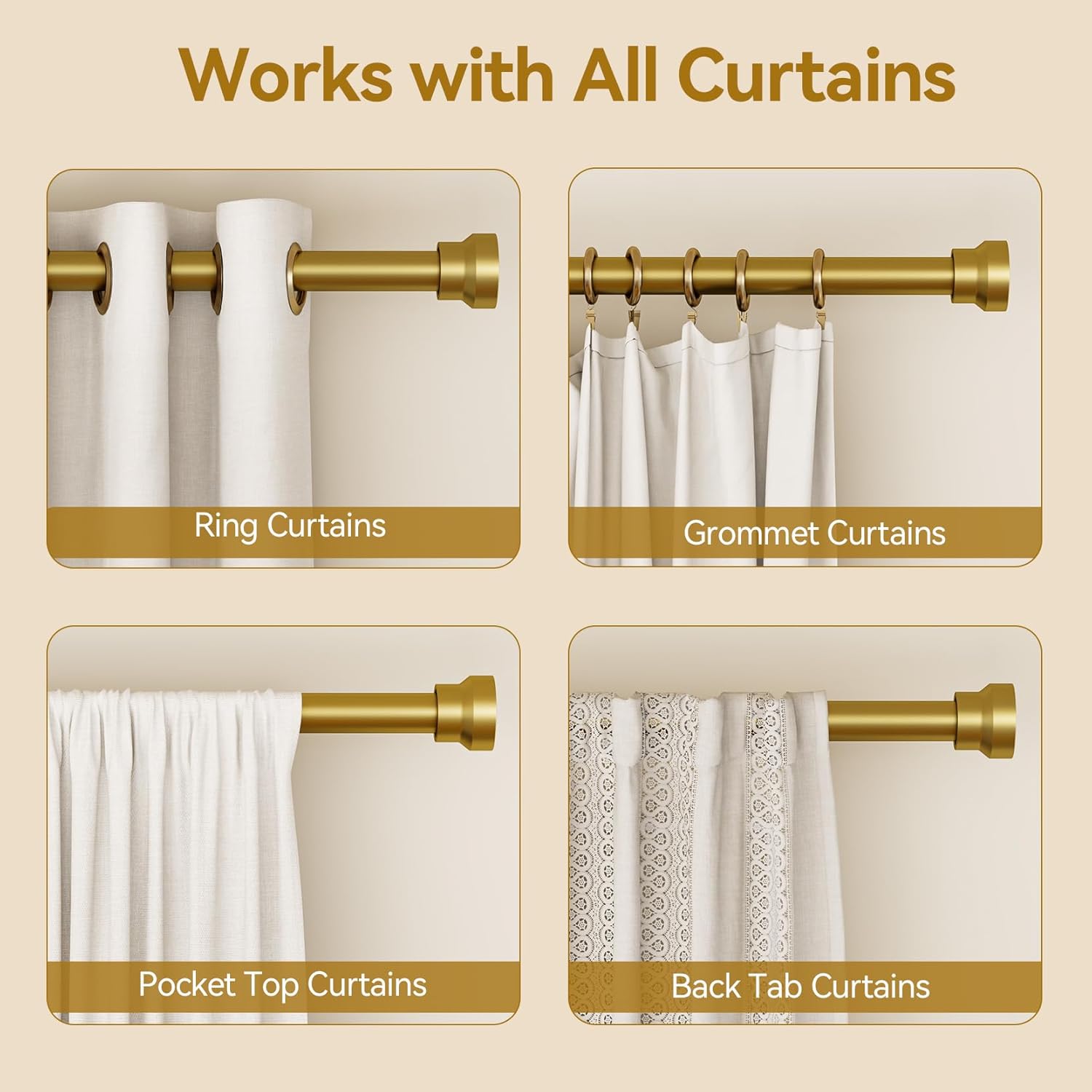 Curtain Rod 2 Pack 32-58 Inch, Heavy Duty 1 Inch Curtain Rod, Gold Short Adjustable Window Treatment Rods, Modern Design, Easy Installation