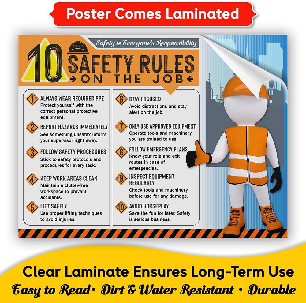 10 Safety Rules on the Job Poster – 18x24 Durable Laminated Safety Sign, Tear-Resistant, Waterproof Workplace Safety Poster for Industrial and Construction Settings (Pack of 2)