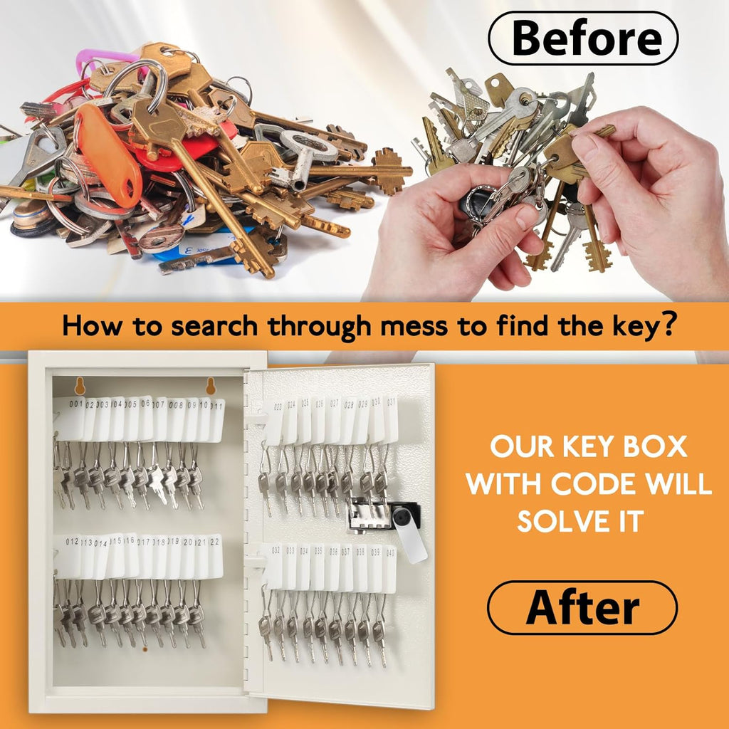 KYODOLED Key Storage Lock Box with Code, Locking Key Cabinet, 40 Key Holder Wall Mount with Combination Lock, Hooks & Tags Labels for Home, Office, Business, 2.5" D x 8.1" W x 12.1" H, White