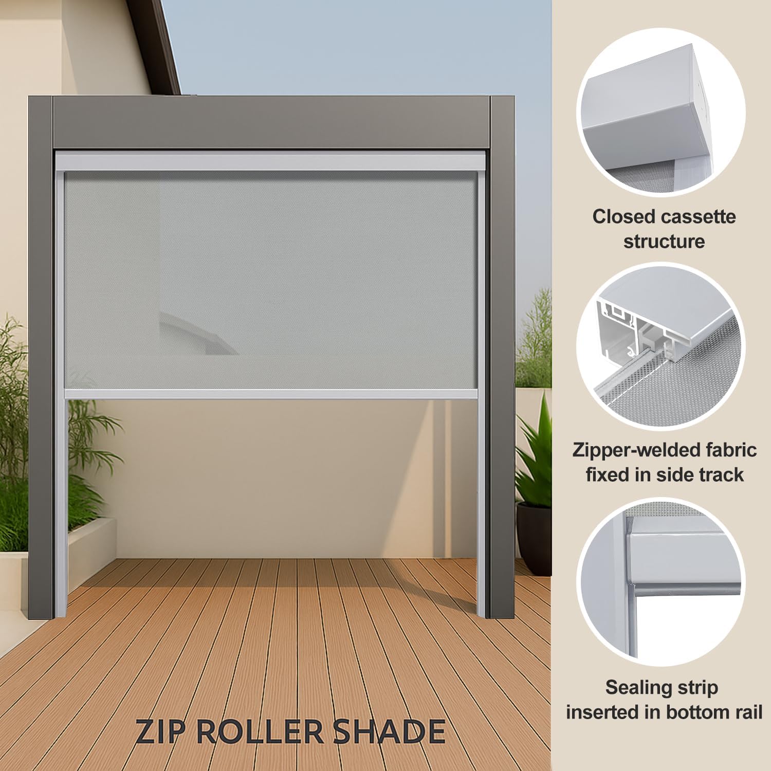 ZSHINE Hard-Wired Outdoor Snow Blocking Weatherproof Motorized Patio Roller Shades Remote Control for Porch Balcony Customized Size (White 5% Openness)