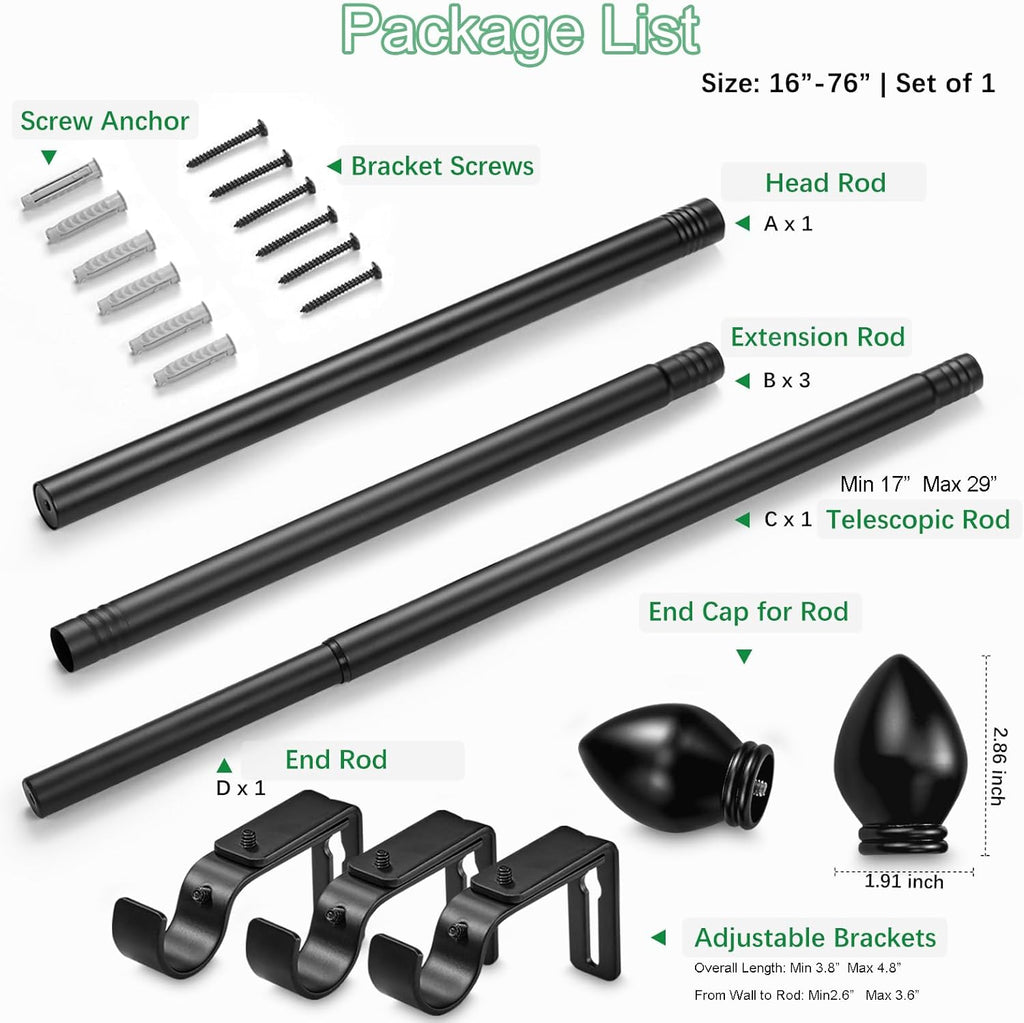 Curtain Rods for Windows 16 to 76 inches, Curtain Rod Max Adjustable Length to 88 in, Drapery Rod 1 inch Diameter with Modern Knobs Finials (Black, 16" to 76" - Set of 1)