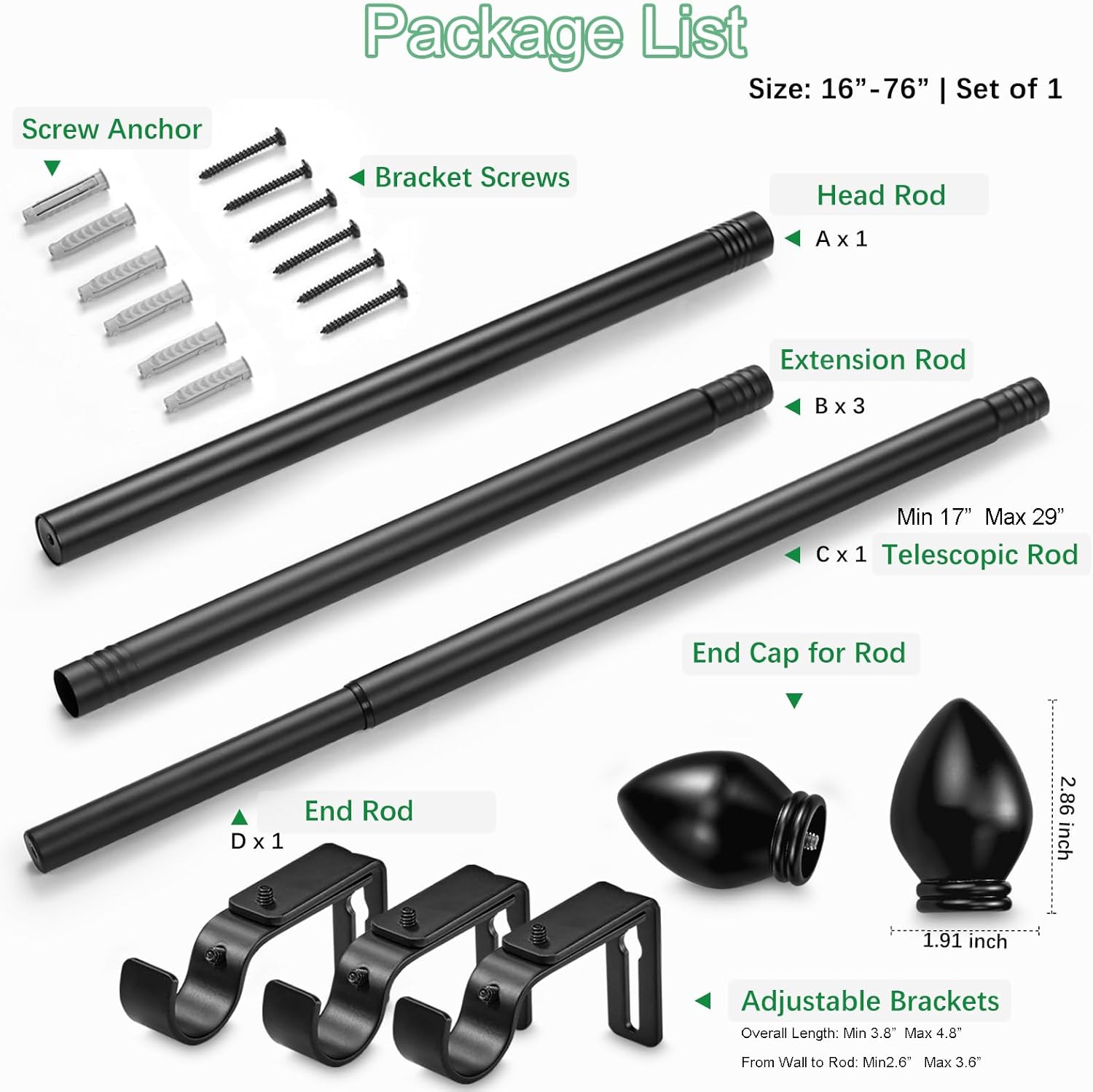 Curtain Rods for Windows 16 to 76 inches, Curtain Rod Max Adjustable Length to 88 in, Drapery Rod 1 inch Diameter with Modern Knobs Finials (Black, 16" to 76" - Set of 1)