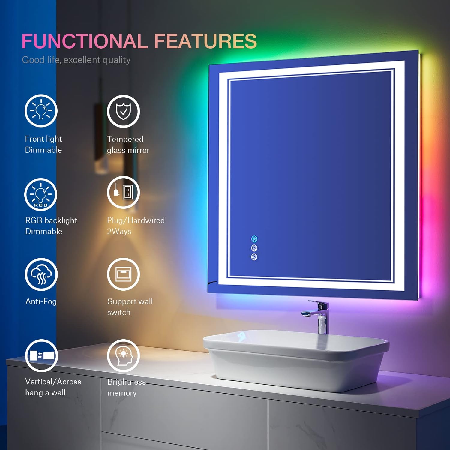 36x36 inch Lighted Bathroom Mirror for Wall,Front Lighted and RGB Backlit LED Bathroom Mirror with Lights,Tempered Glass/Dimmable/Anti-Fog/Square Mirror