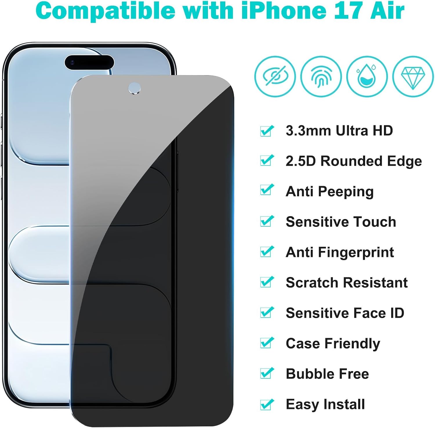 PEHAEL 3+3Pack for iPhone Air Privacy Screen Protector with Camera Lens Protector Full Coverage Anti-Spy Tempered Glass Film 9H Hardness Easy Installation Bubble Free [6.5 inch]