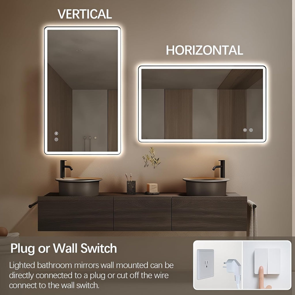 Niccy Led Mirror for Bathroom, 40"x24" Frameless Frontlit and Backlit Mirror for Wall Lighted Mirror with Bedroom 3 Color, Defogger, Explosion-Proof, HD Glass, IP65 Vanity Mirror Horizontal/Vertical