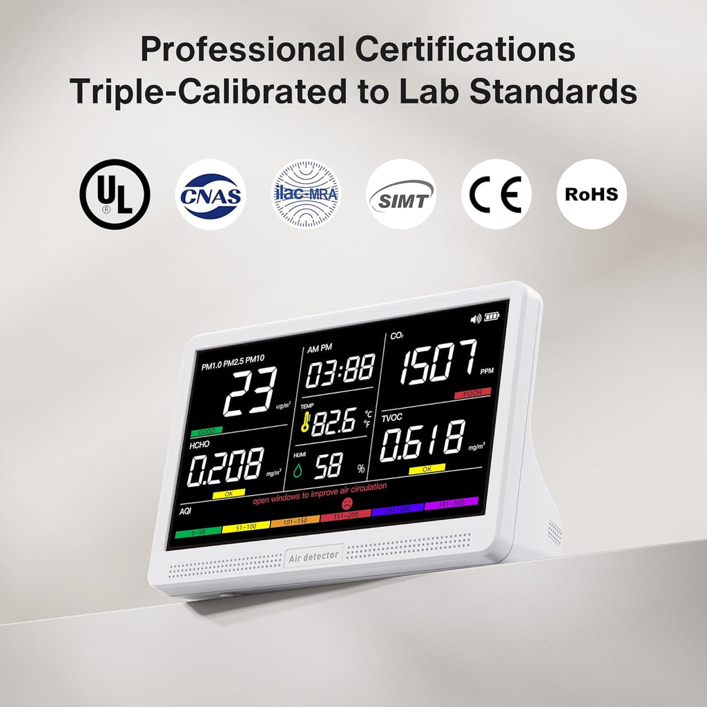 bonoch Upgrade Extended 12-Hour Battery Life 16 in 1 Air Quality Monitor Indoor with 7" Display, Professional Air Quality Meter for CO2, TVOC, PM2.5, PM1.0, PM10, HCHO, Temperature Humidity AQI & Time