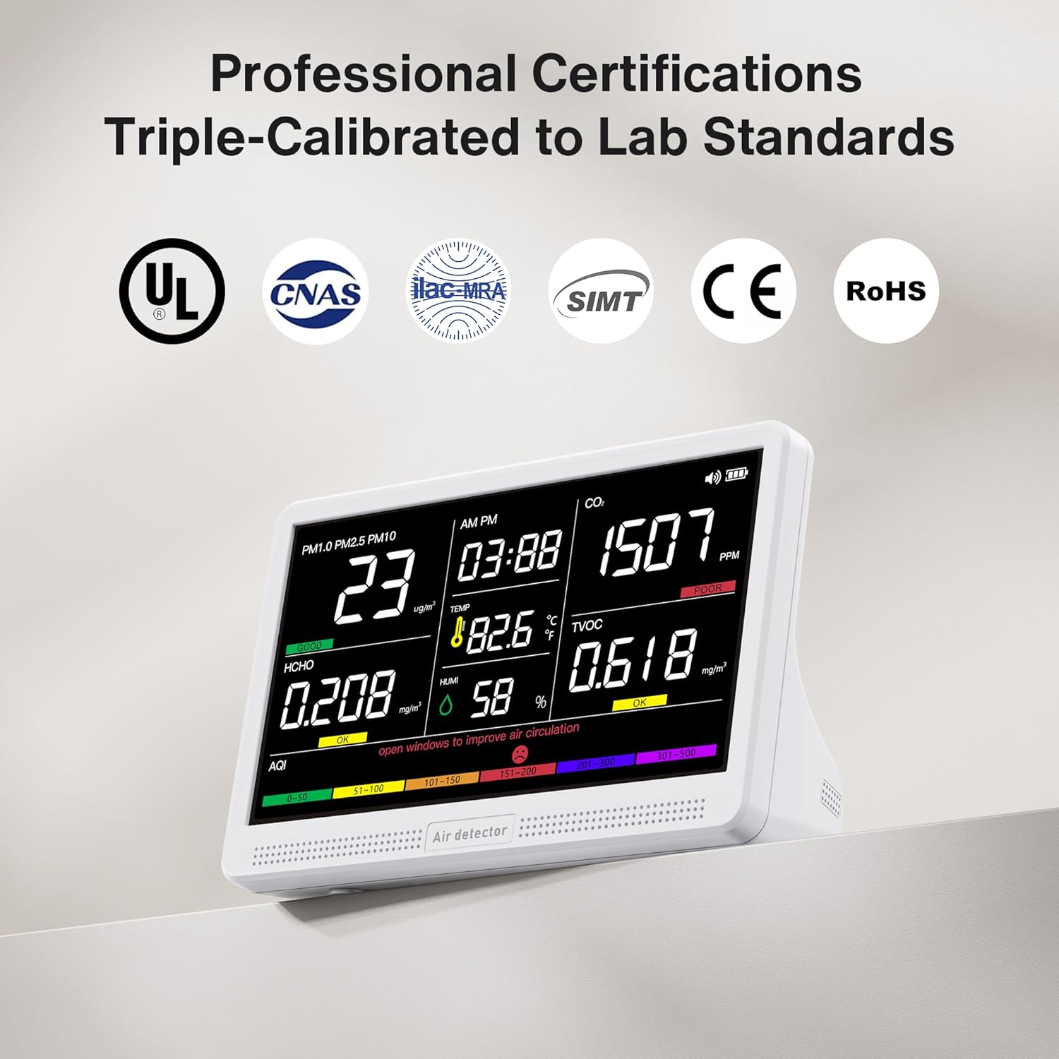 bonoch Upgrade Extended 12-Hour Battery Life 16 in 1 Air Quality Monitor Indoor with 7" Display, Professional Air Quality Meter for CO2, TVOC, PM2.5, PM1.0, PM10, HCHO, Temperature Humidity AQI & Time