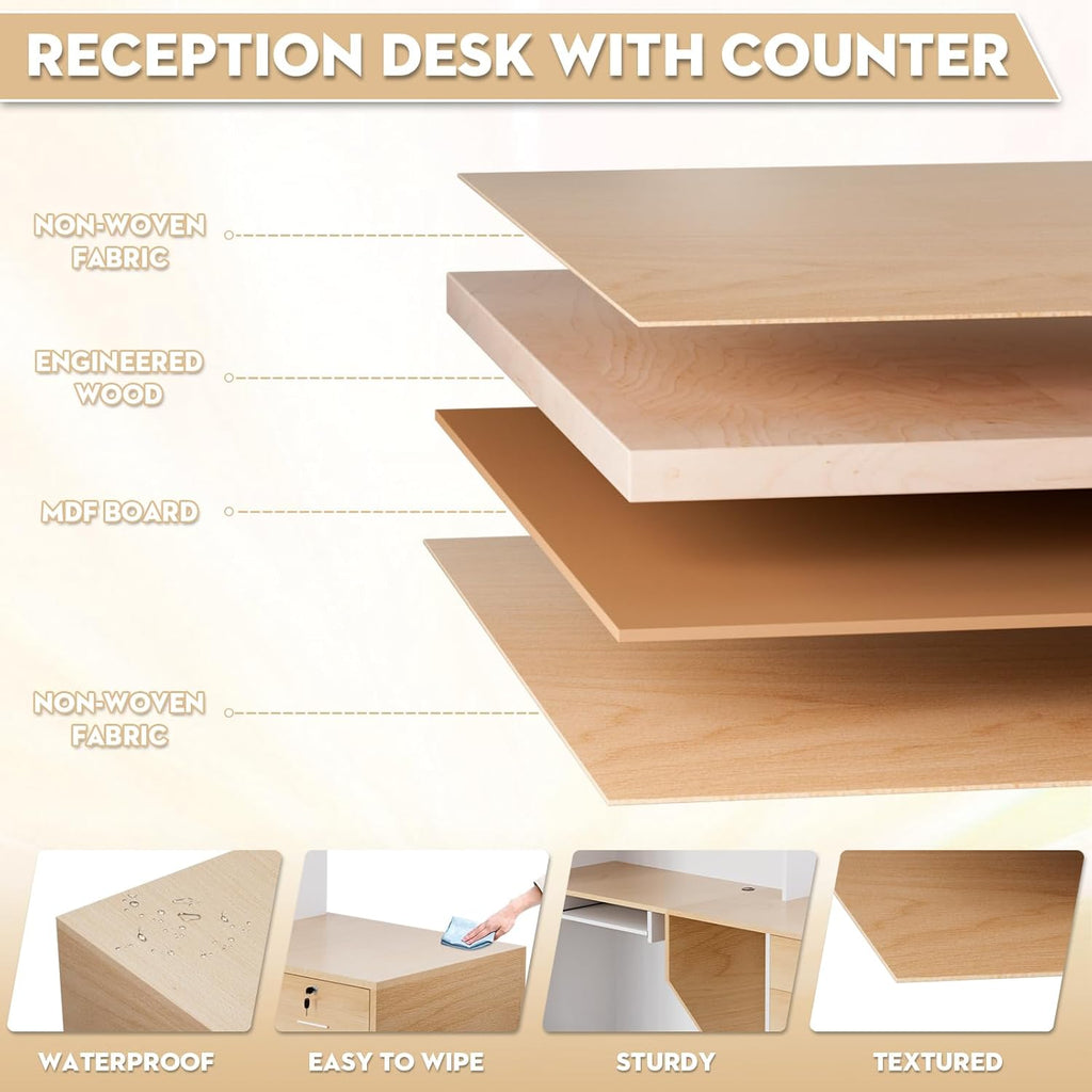 L-Shaped Modern Reception Desk with Counter & Storage - 71" Large Office Front Desk, Salon Checkout Counter with Lockable Cabinets, Shelves(Oak & White, Left - 71''L x 34''W x 41''H)