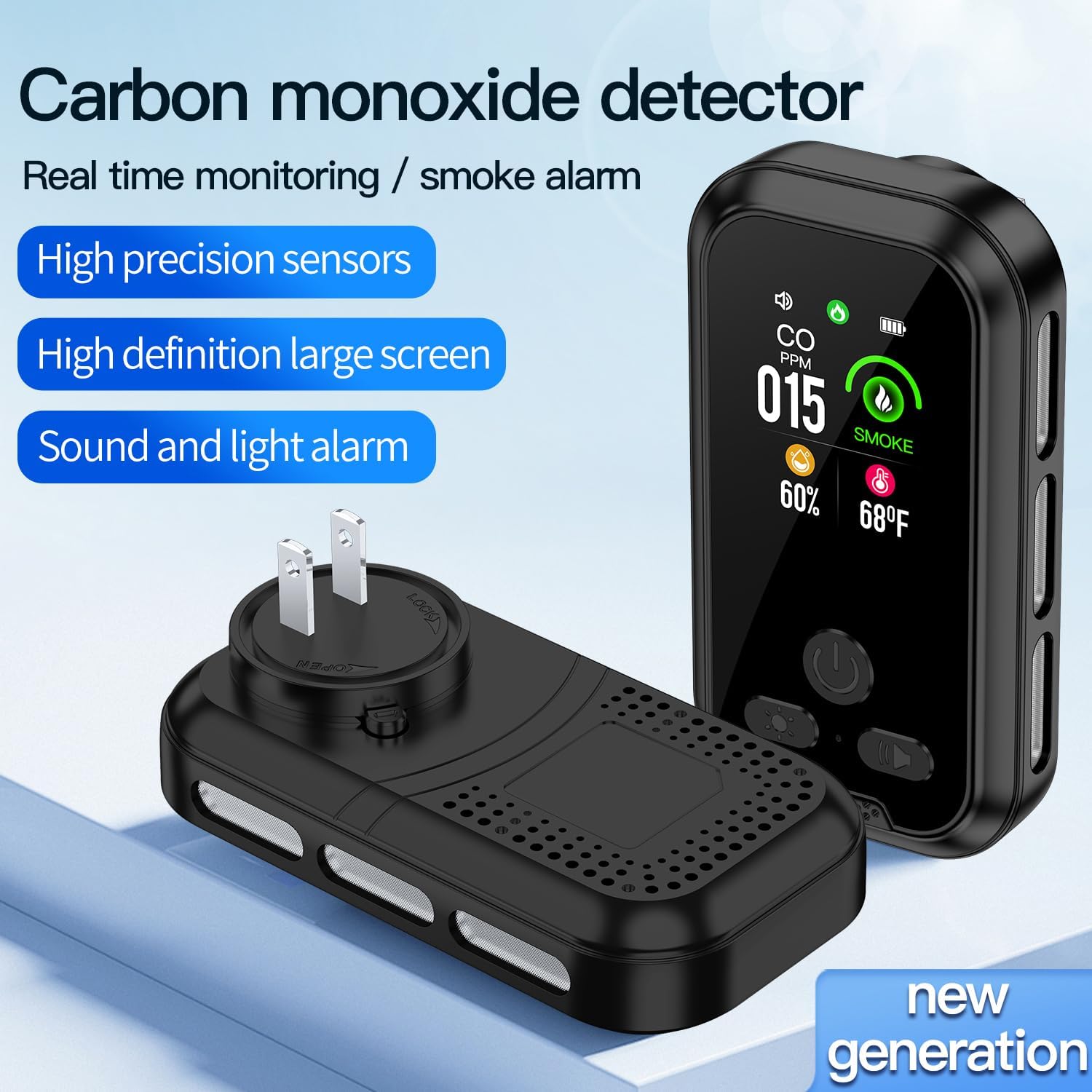 4IN1 Plug in Smoke & Carbon Monoxide Detector Combination Builti-in 2000 mAh Backup Battery HD Screen [Smoke CO Temp Humidity Sensor] Alarm for Home Travel Hotel Indoor (Black)