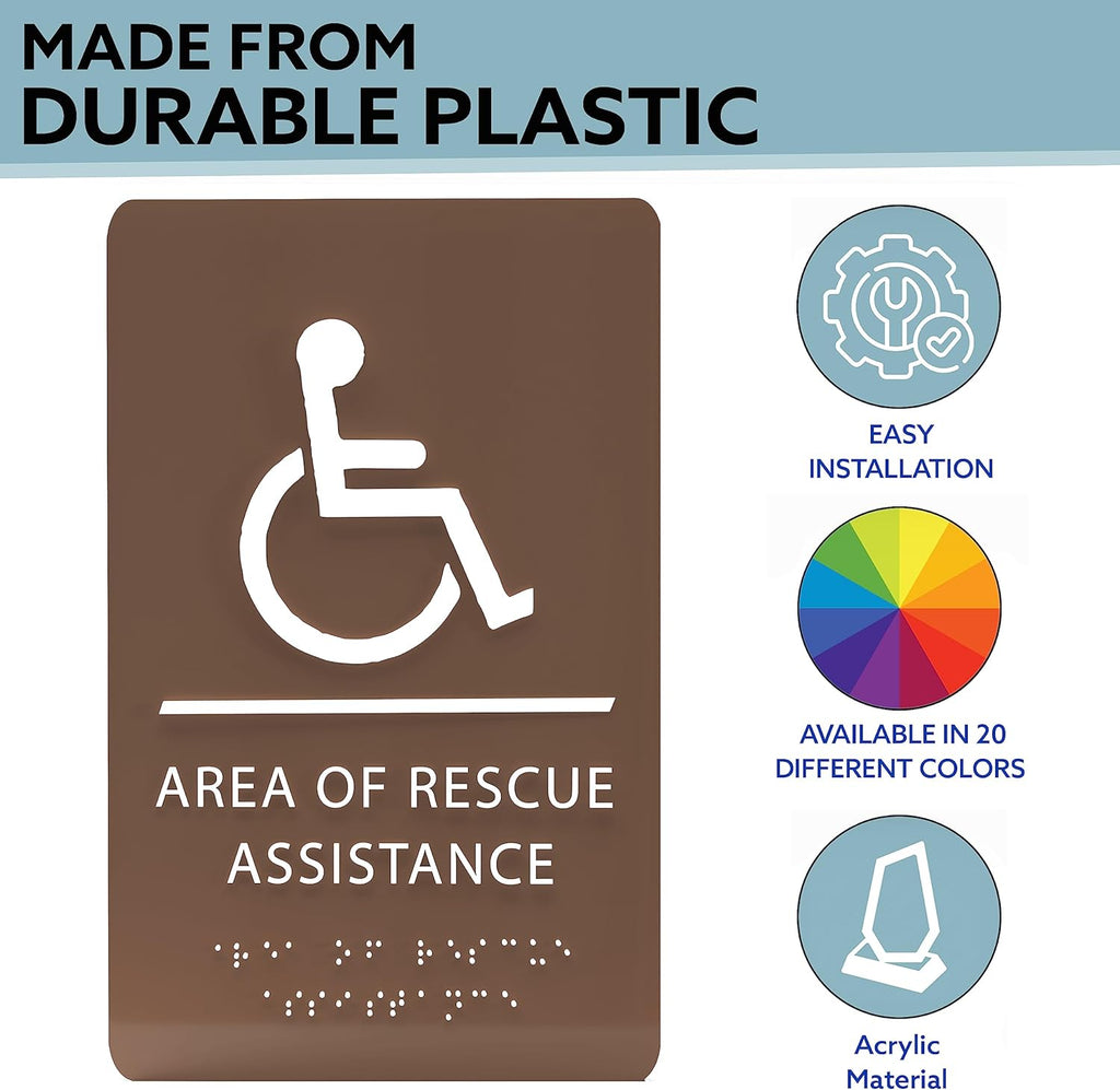 6" X9" Area of Rescue Assistance Sign - ADA Compliant Tactile Graphics Grade 2 Braille Text Signs| Sign for Shopping Malls, Offices, Hotels, Schools, Apartments, and Restaurants