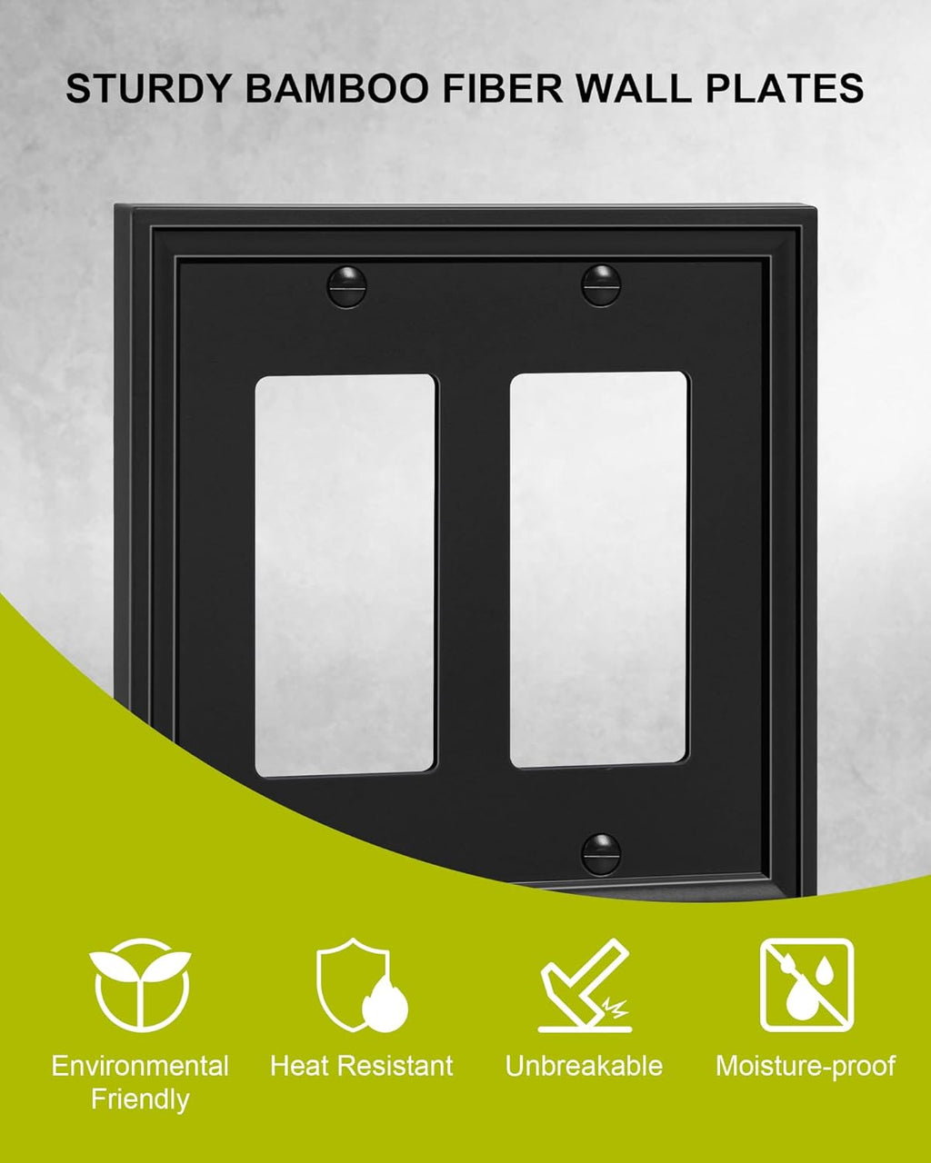 2-Pack Double Decorator Outlet Cover Plate, Black Decorative Switch Plates and Outlet Covers, Natural Bamboo Fiber Wall Plates for Electrical Outlets, Receptacle, GFCI Outlet, Dimmer Switch