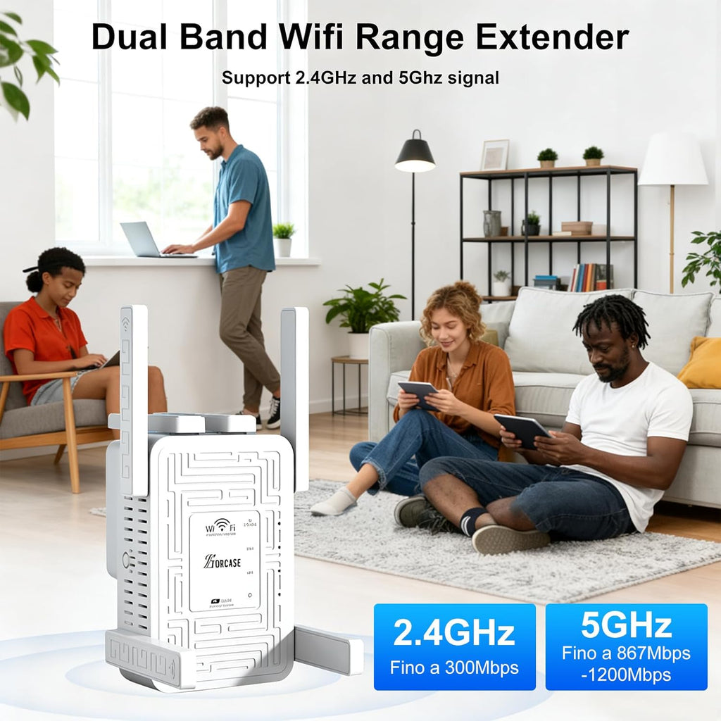 WiFi Extender Signal Booster Dual Band 5.8GHz&2.4GHz, w/6 Antennas WiFi Booster for Home Coverage up to 10200 Sq.ft, Signal Amplifier 1200Mbps WiFi Repeater w/Ethernet Port, 1-Tap Setup, White