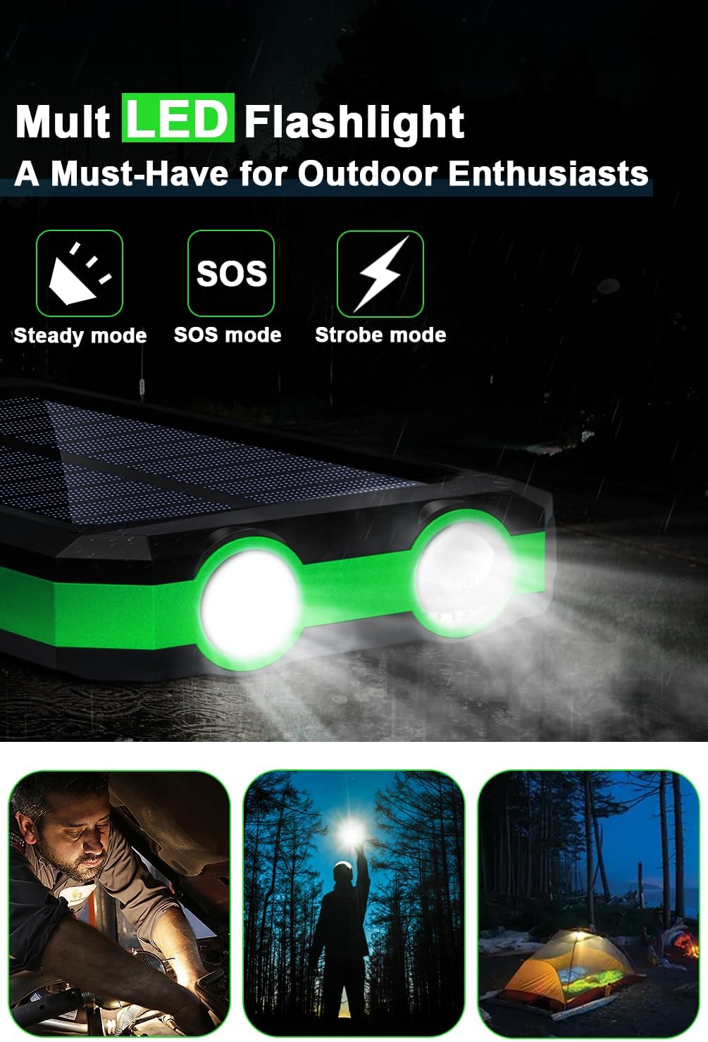 WONGKUO Solar Charger Power Bank - 36800mAh Solar Phone Charger, QC3.0 Fast Charger with LED Flashlight, IP65 Waterproof Portable Power Bank for Outdoor Activities (Matte Green)