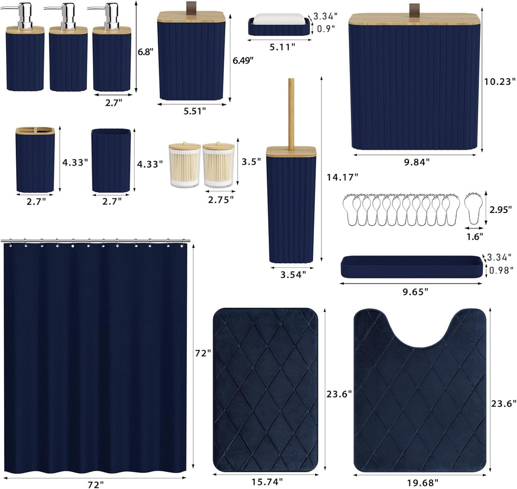 Bathroom Accessory Set - Navy Blue Bathroom Set, 27PC Bathroom Accessories Set, Bathroom Sets with Shower Curtain and Rugs, Mini Trash Can, Toilet Brush, Trash Can & Soap Dispenser