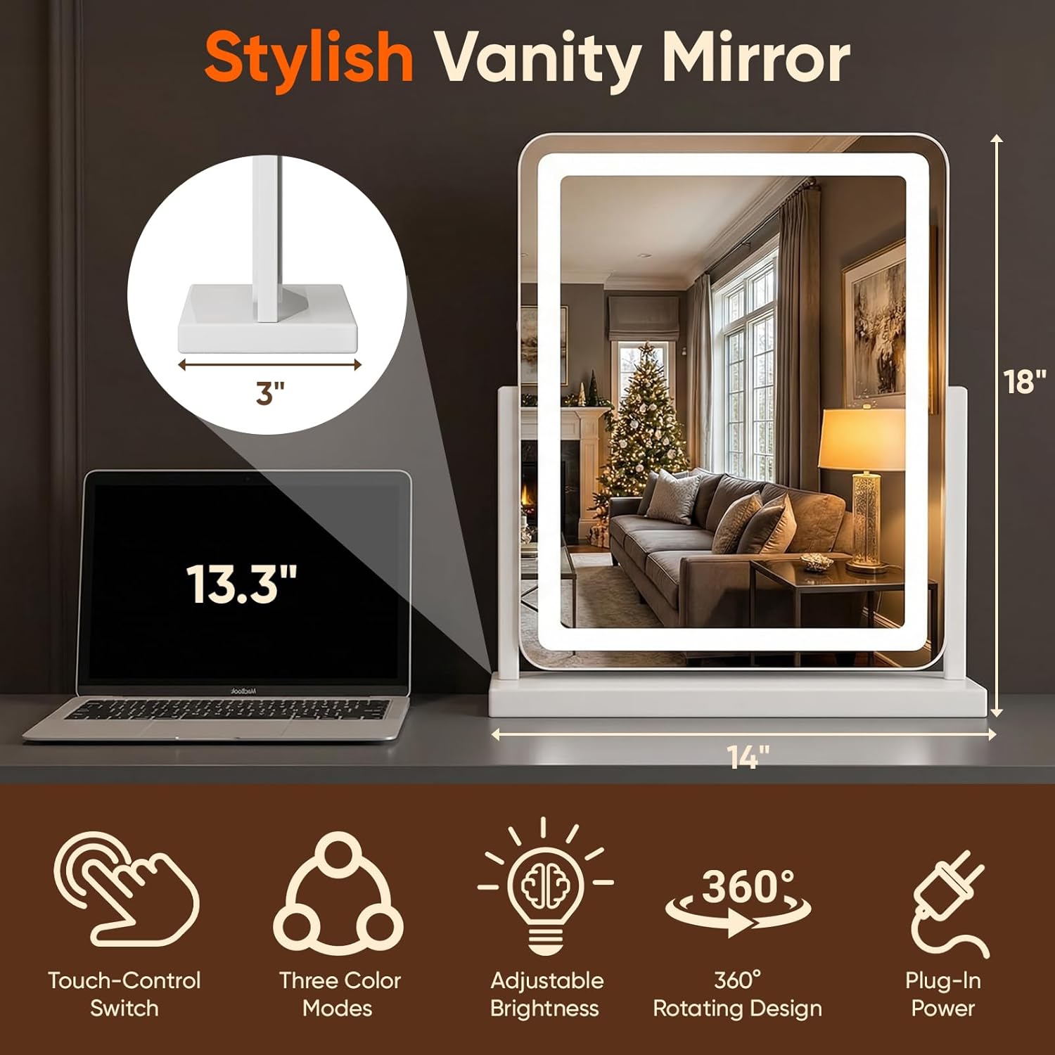 Antok Vanity Mirror with Lights, 32"X22" Lighted Makeup Mirror, Smart Touch, 3 Color Modes and Brightness Adjustable, LED Vanity Mirror with Detachable 10X Magnification, 360° Rotation for Makeup Desk