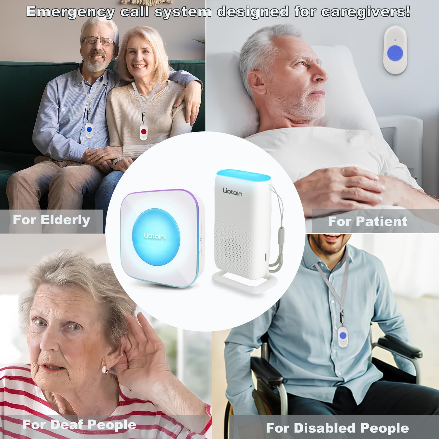 Caregiver Pager Wireless Alert System - Portable Bell for Home/Elderly/Patients/Seniors - 4 Waterproof Buttons, 1 Portable Receiver, 1 Plugin Receiver