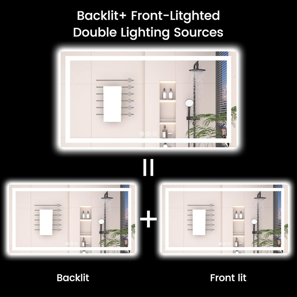55X36 LED Bathroom Mirror with Lights, Anti-Fog, Backlit + Front Lit, Lighted Bathroom Vanity Mirror for Wall, Memory Function, Dimmable, Tempered Glass, Shatter-Proof