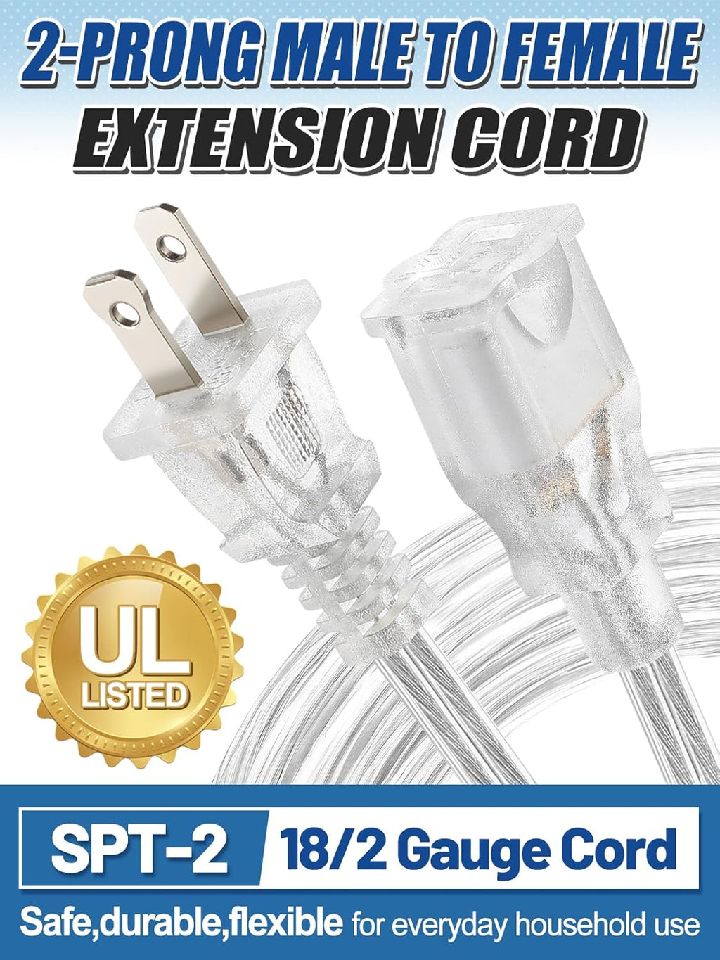 10ft Clear Extension Cord - Male to Female Invisible Indoor Thin 2 Prong Power Cable for Christmas Light Extension Cord, UL-Certified (2 x 18 AWG 250V 6A)
