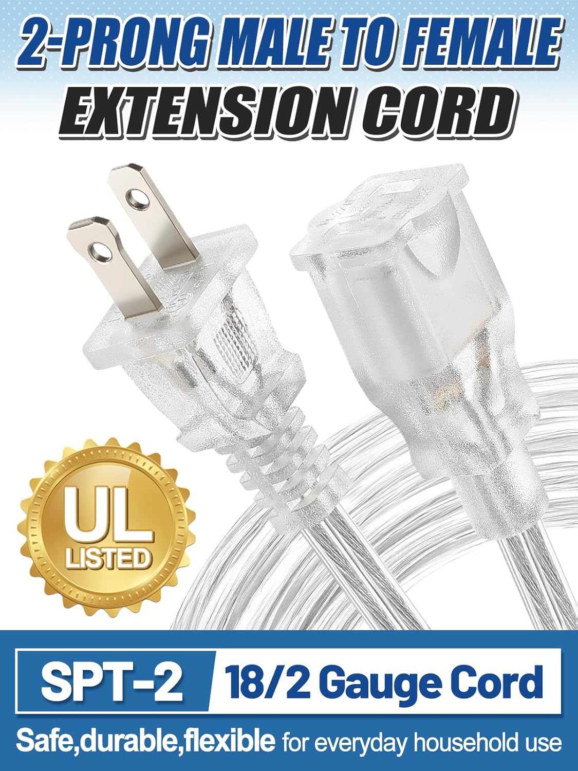 10ft Clear Extension Cord - Male to Female Invisible Indoor Thin 2 Prong Power Cable for Christmas Light Extension Cord, UL-Certified (2 x 18 AWG 250V 6A)