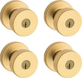 Kwikset Pismo Entry Door Knob with Lock and Key, Secure Keyed Handle Exterior, Front Entrance and Bedroom, Satin Brass, 4 Pack, Pick Resistant SmartKey Rekey Security