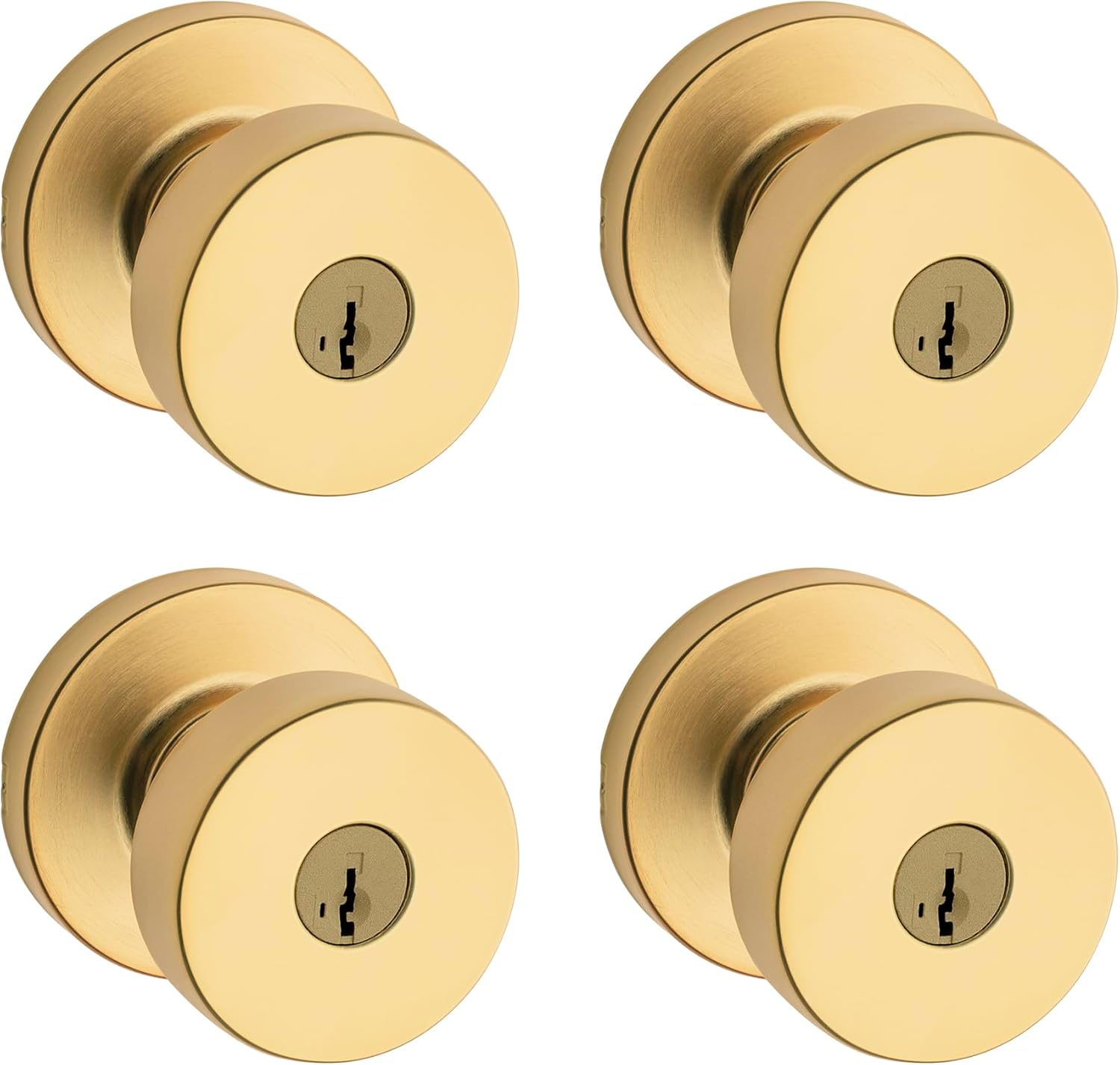 Kwikset Pismo Entry Door Knob with Lock and Key, Secure Keyed Handle Exterior, Front Entrance and Bedroom, Satin Brass, 4 Pack, Pick Resistant SmartKey Rekey Security
