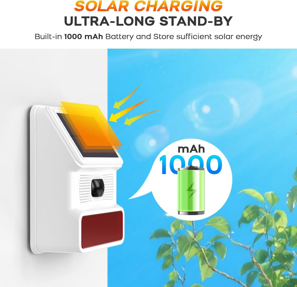 PGST Solar Alarm Motion Detector,Outdoor Security Siren Sensor with Flashing Light,IP65 Waterproof,Remote Control,21 Sound Switching Options,120dB Loud Noise Maker for Farm,Yard,Garden,Fish Pond