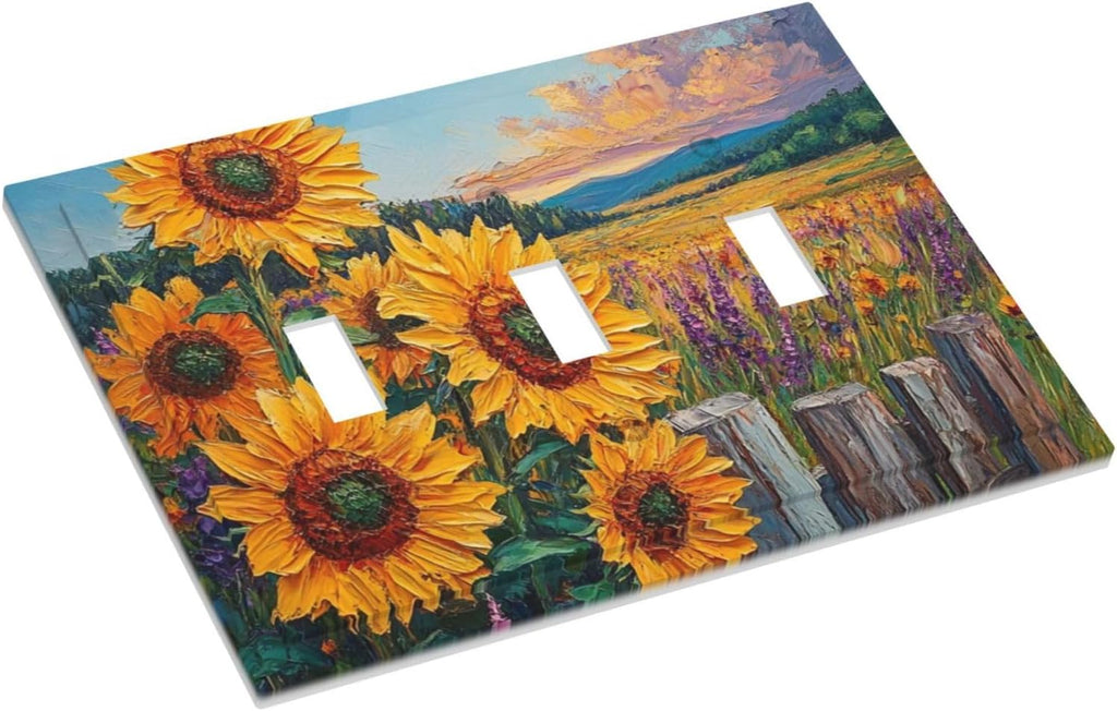 Decorative Light Switch Cover Plate Rustic Wilderness Sunflower Lavender Muzha Oil Painting 3 Gang Wall Plate Oversized Triple Toggle Switch Cover Plate Jumbo Faceplate
