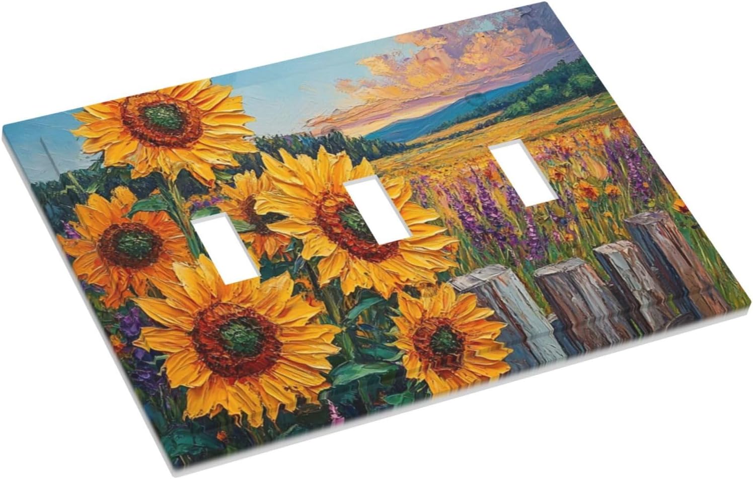 Decorative Light Switch Cover Plate Rustic Wilderness Sunflower Lavender Muzha Oil Painting 3 Gang Wall Plate Oversized Triple Toggle Switch Cover Plate Jumbo Faceplate