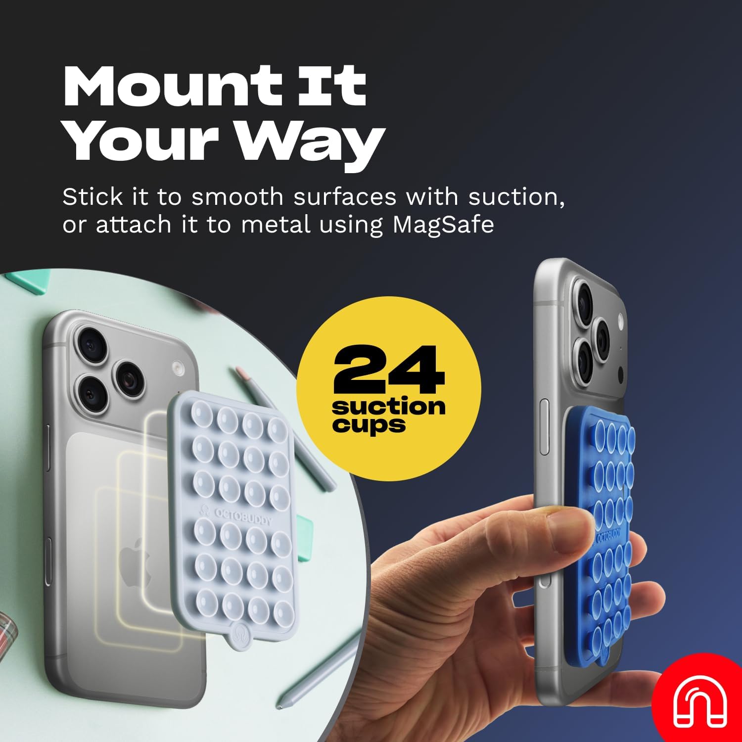 OCTOBUDDY Magnet - Dual Magnetic & Suction Phone Mount - Magnetic-Compatible Silicone Mobile Holder - Hands-Free Selfies & Videos - Content Creator Accessory - 2.6″ x 3.9″, Baby Blue Jay