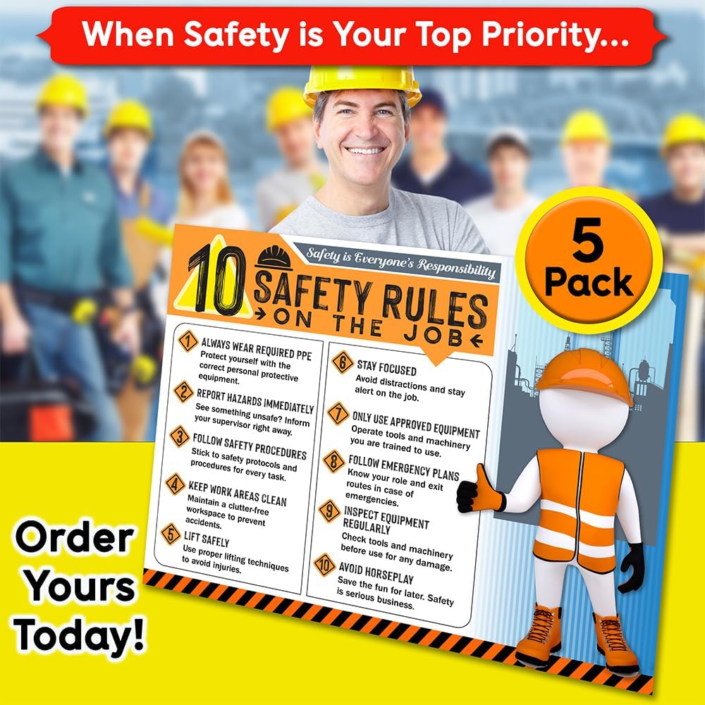 10 Safety Rules on the Job Poster 2026 Version – 18x24 Durable Laminated Safety Sign, Tear-Resistant, Waterproof Workplace Safety Poster for Industrial and Construction Settings (Pack of 5)