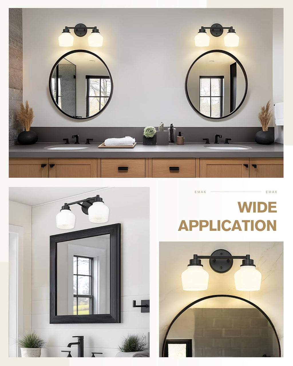 Emak 2-Light Vanity Light, Modern Farmhouse Black Bathroom Fixture Over Mirror With Milk Glass Shade, VL122-BK-ML-2