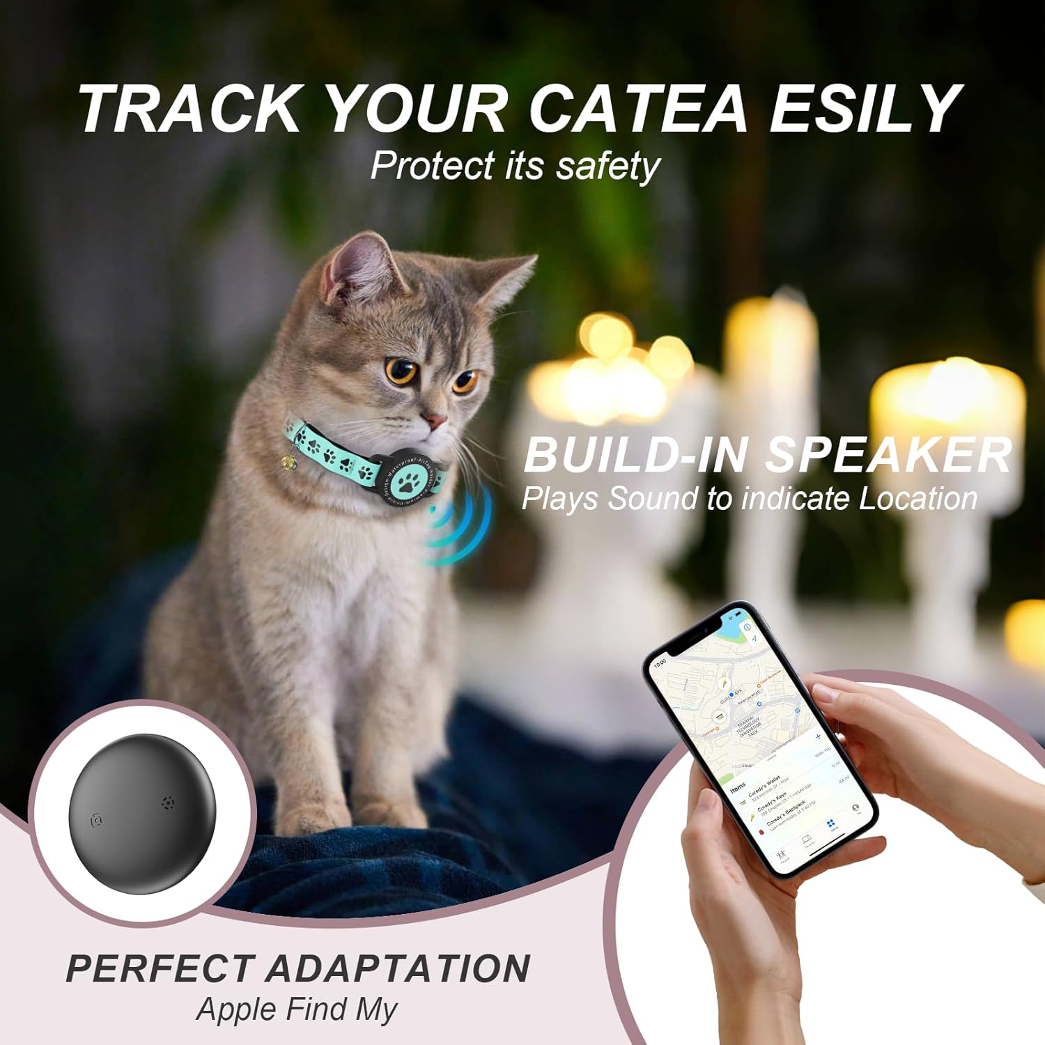 GPS Tracker for Cats, Waterproof GPS Cat Trackers Cats Collar with Bells, No Subscription, GPS Cat Collar, Adapt with Apple Find My (iOS Only) Finder Tag for items Pets Christmas Gift (Blue)
