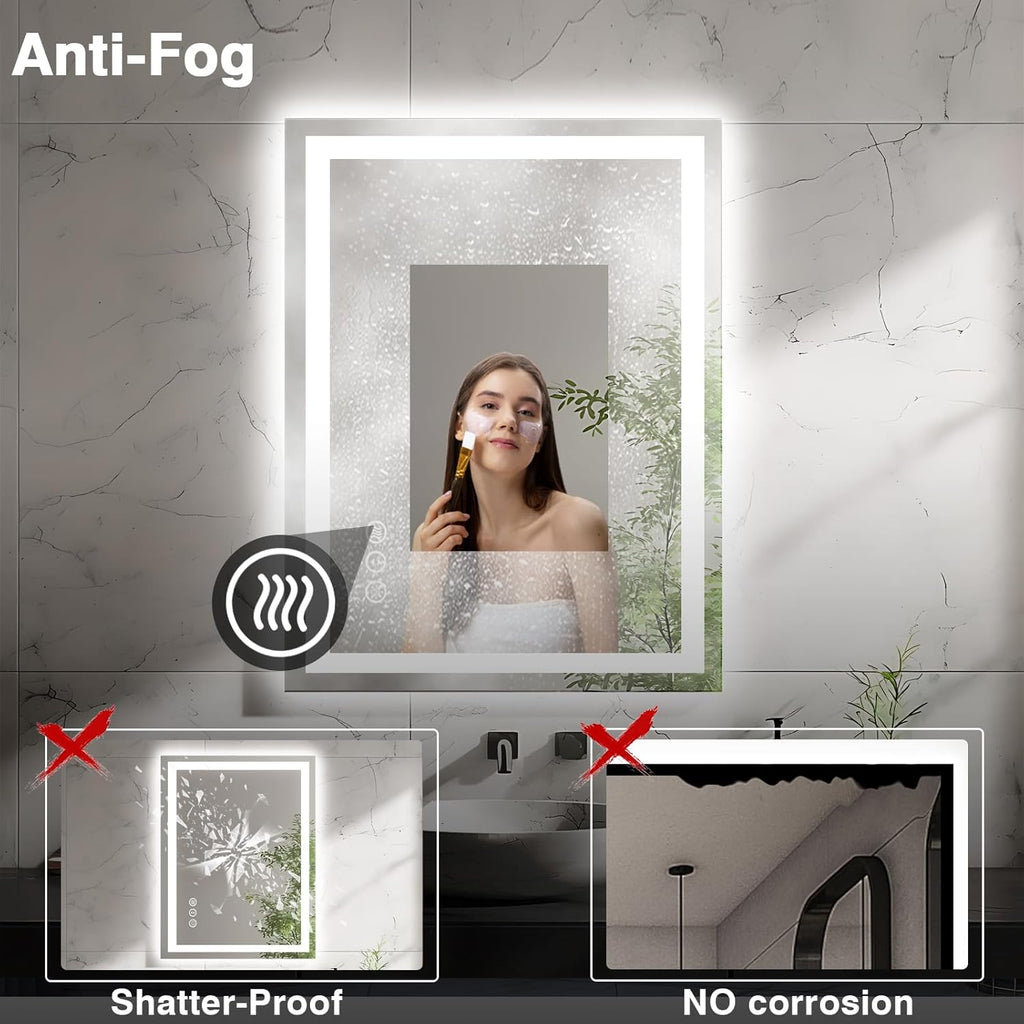 20"x28" LED Bathroom Mirrors for Wall, Front and Backlit Mirror, Anti-Fog Vanity Mirror with Lights, Stepless 3 Colors Dimmable Smart Lighted Mirror(Horizontal/Vertical)