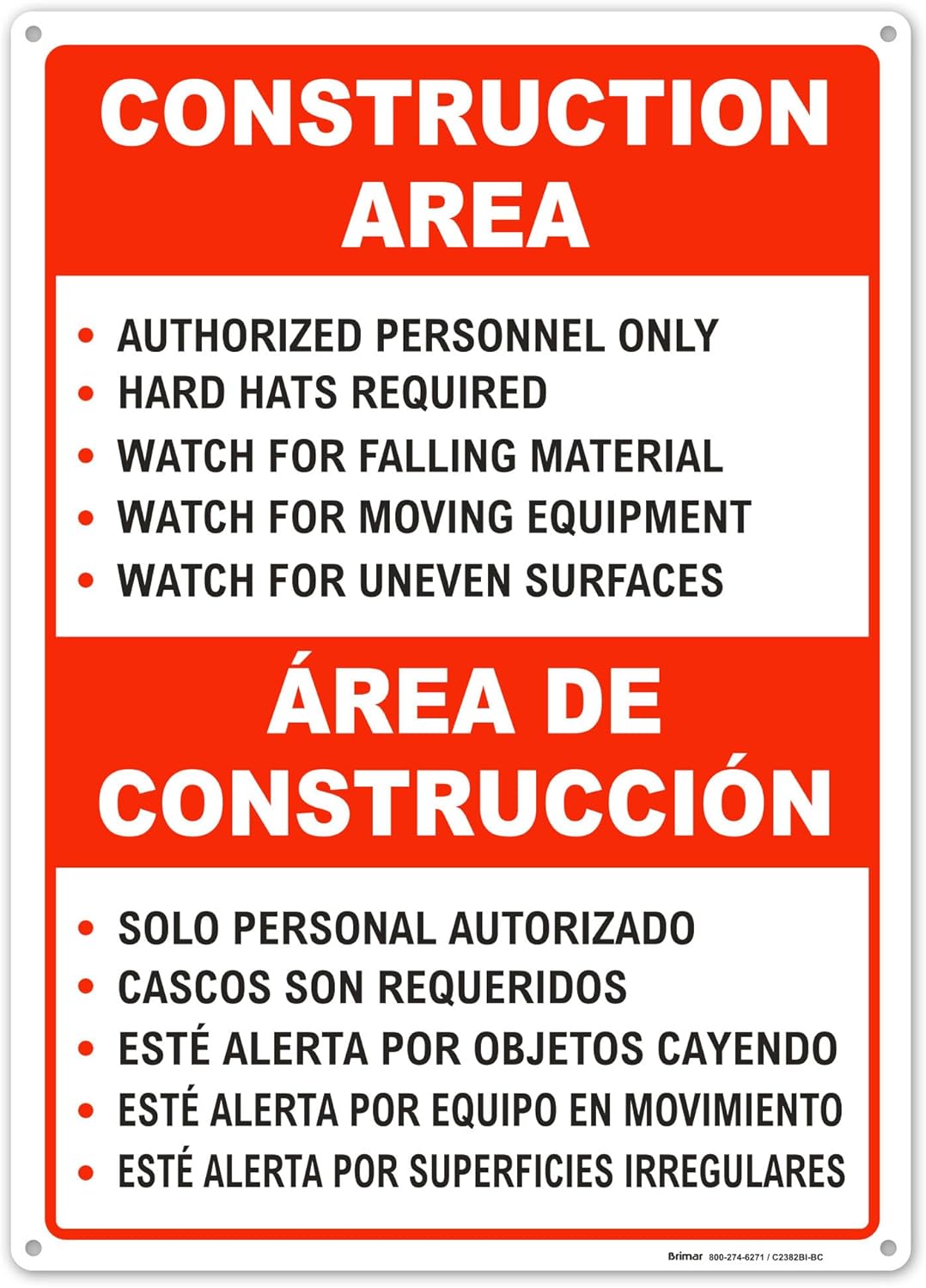 Brimar - 10" x 14" - Bilingual Construction Area Rules Sign - .055″ Polyethylene Plastic - Bilingual Design - Easy Installation