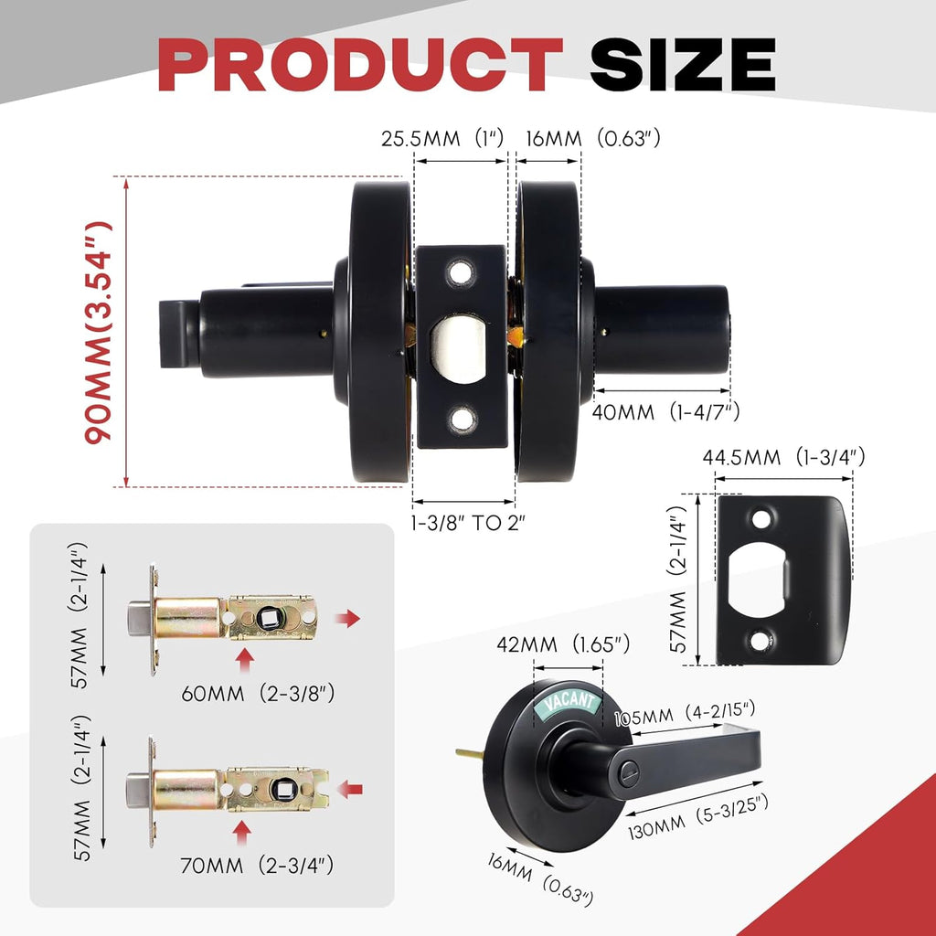 Tandefio 1 Set Vacant Occupied Bathroom Lock, Commercial Door Handle with in-use or Vacancy Occupied Deadbolt, Privacy Indicator Restroom Handle Lock for Restrooms, Satin Chrome (90 mm,Black)