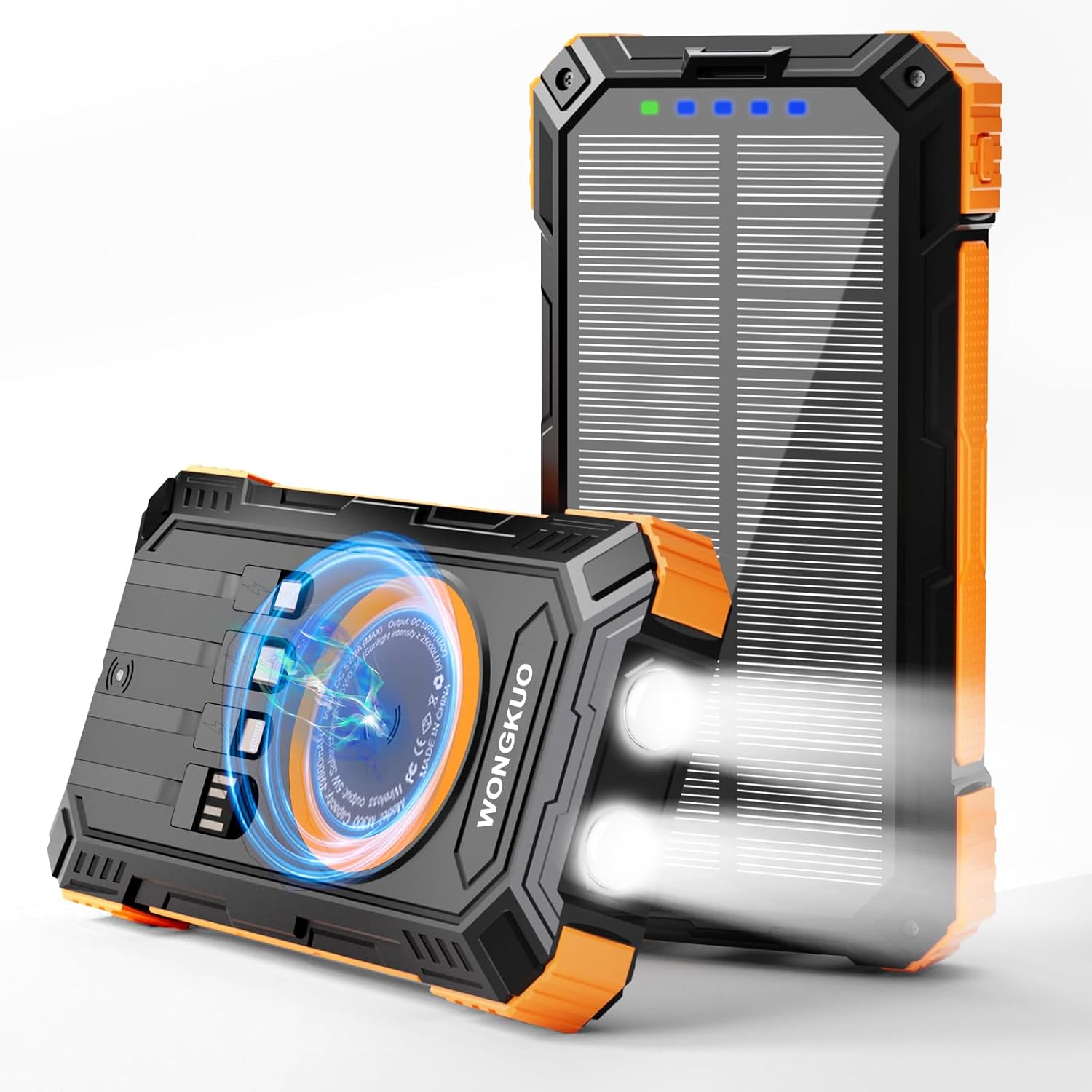 WONGKUO Solar Charger Power Bank - 49800mAh Solar Phone Charger with USB-C in/Output, QC 3.0 Fast Charging with LED Flashlight, Built-in 4 Cables, IP65 Waterproof Fits for Outdoor (Matte Orange)