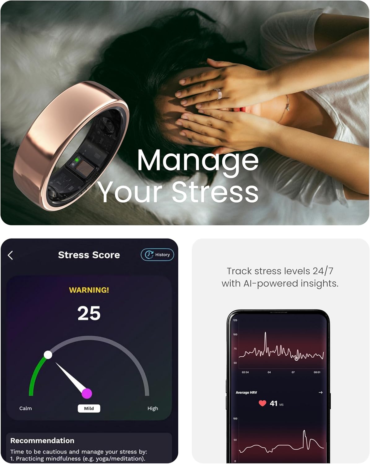 aaboRing Smart Ring, Men, Women, Track Heart Rate, Fitness, Activity, Sleep Stress Monitoring, Step Count, Up to 7 Days of Battery Life, Titanium, No App Subscription, Silver 6