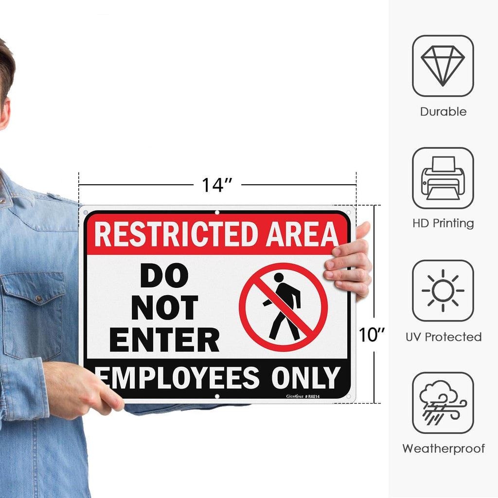 GicnKeuz Large Restricted Area Sign, 14x10 Inches Do Not Enter - Employees Only Signs, Rust Free.40 Reflective Aluminum, Fade Resistant/Waterproof, 6 Pre-drilled Holes (4 Pack)