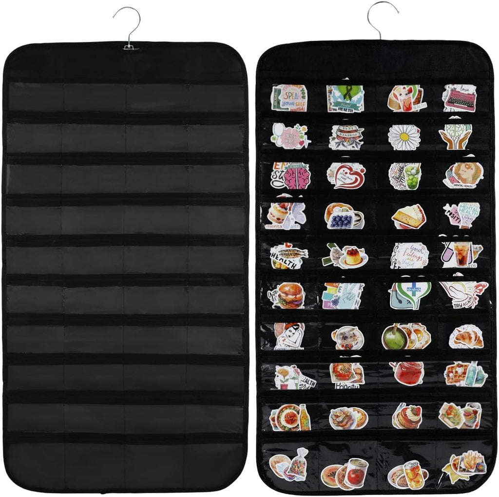 UCEC 2PCS Hanging Sticker Organizer Display Stand Double Sided 80 Pocket Hanging Sticker Chart with Clear Pockets, Wall Sticker Holder for Vendors, Jewelry Organizers and Storage (Black)