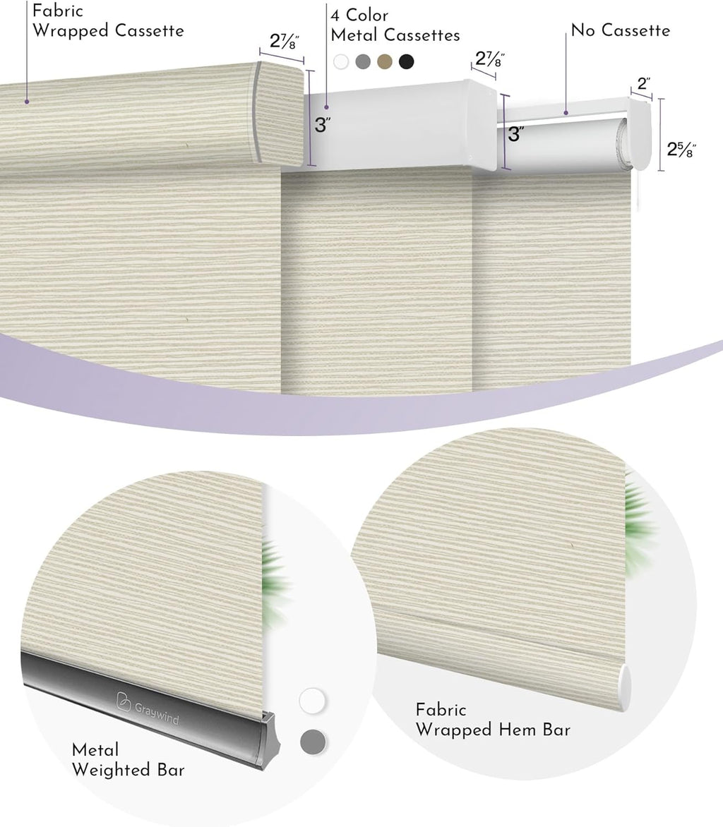 Graywind Smart Blackout Roller Shades Compatible with Alexa Google Textured Gleaming Fabric Rechargeable Motorized Blinds Cordless Remote Control Window Shades, Custom Size (Striped Beige)
