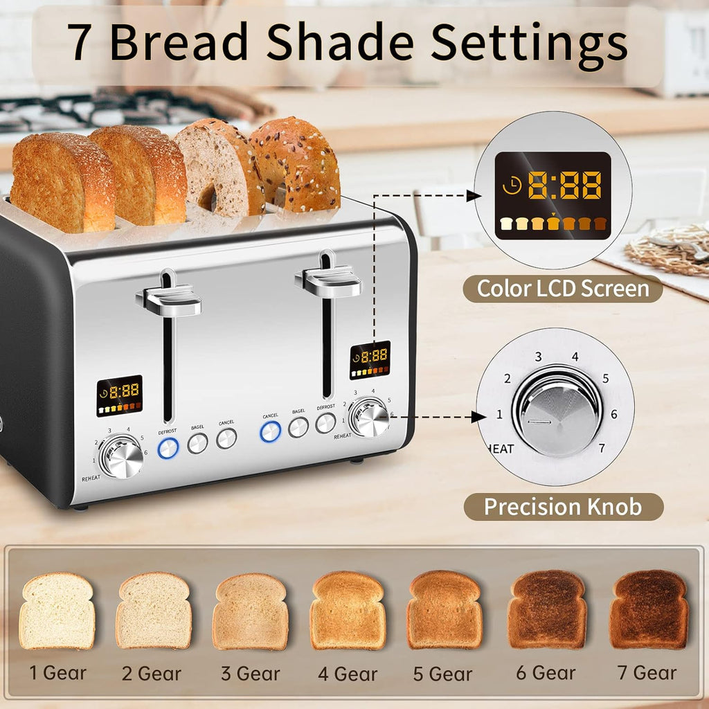 SEEDEEM 4 Slice Stainless Toaster - Color LCD Display, 7 Shade Settings, 1.5'' Wide Slots, Bagel/Defrost/Reheat Functions, Removable Crumb Tray, Dark Chocolate, 1800W