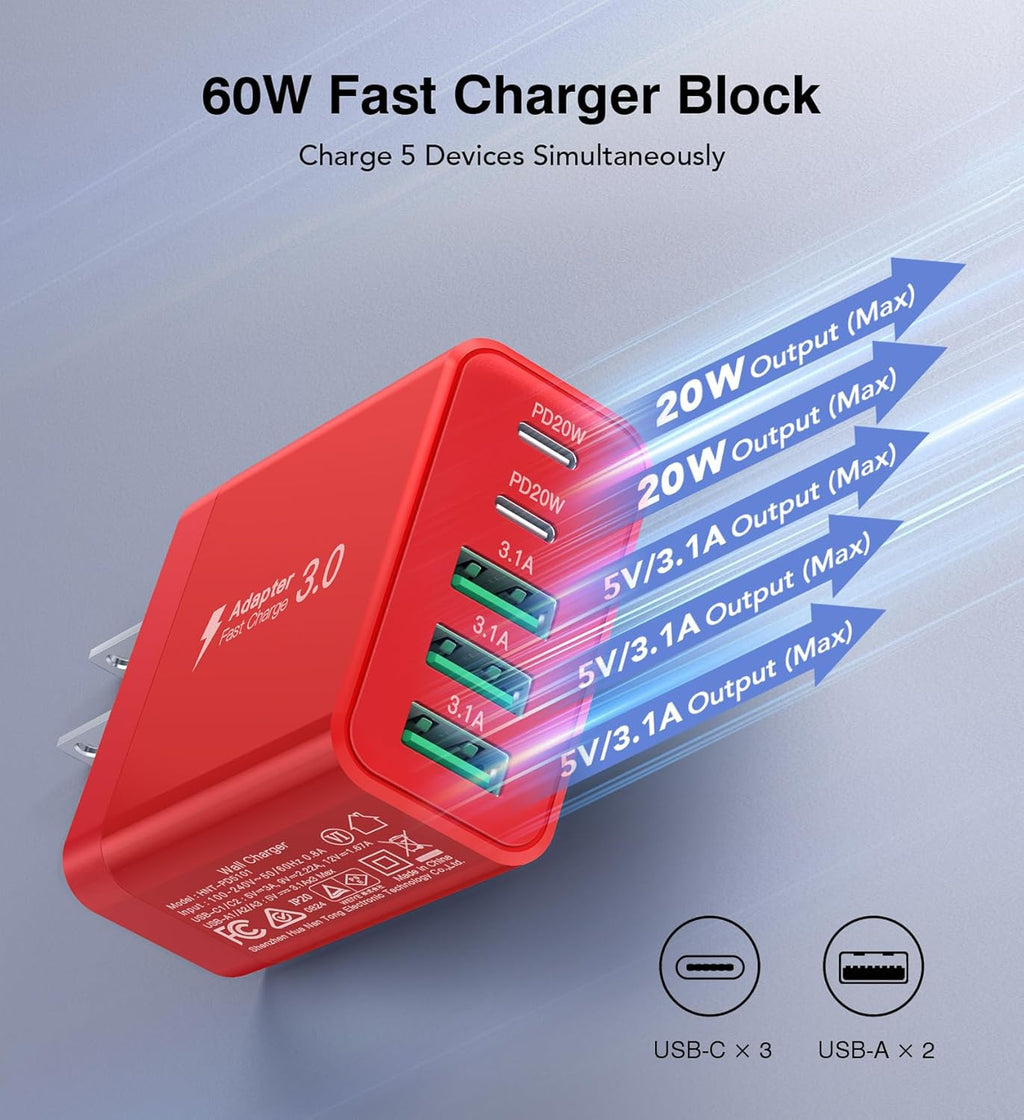 [2-Pack] USB C Wall Charger, 60W Fast USB C Charger Block, 5-Port PD Power Adapter + QC Wall Plug Multiport Type C Charging Block Cube Compatible with iPhone 17 16 15 14 13 12 Pro Max XR XS, Red