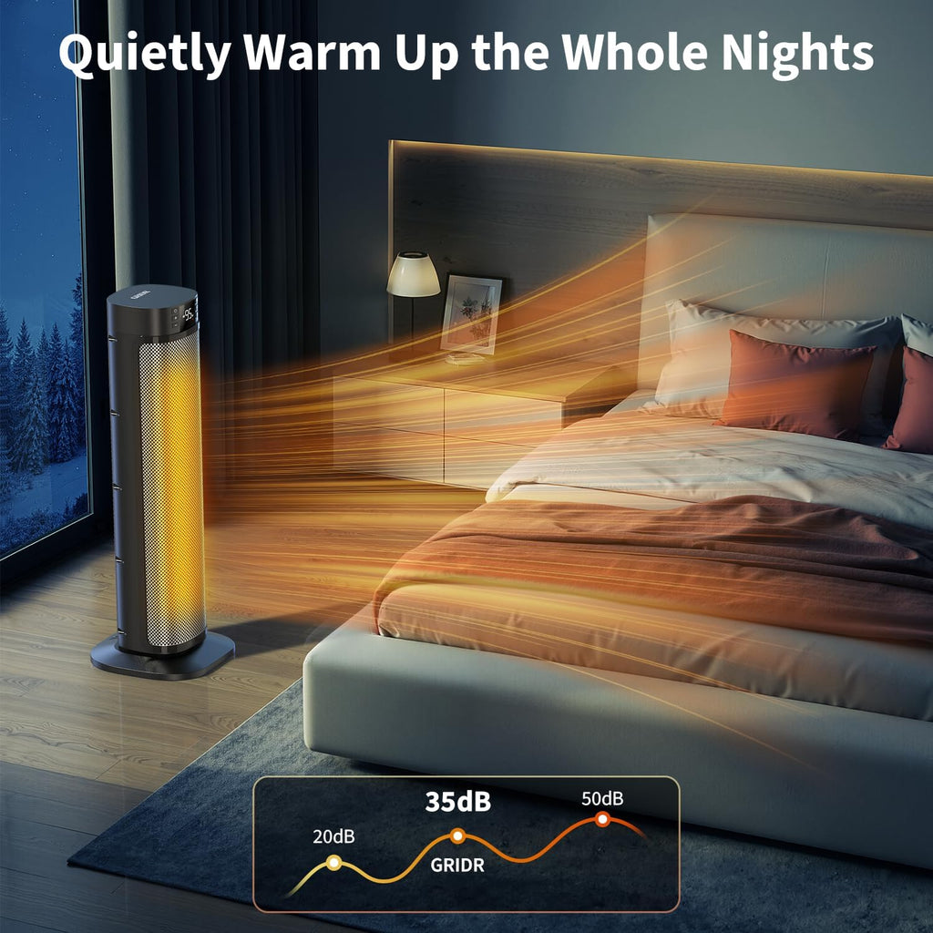 Space Heater, 24" Electric Heaters for Indoor Use, 1500W PTC Ceramic Heater for Office with Remote, Thermostat, 3 Modes, 35dB Quiet, 12H Timer Portable Heater for Bedroom Home Large Rooms Silver